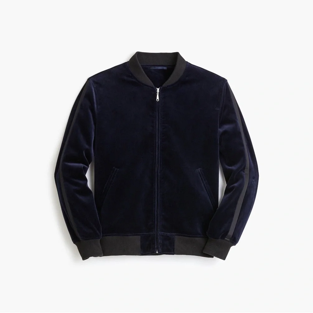 NEW NWOT J.Crew Ludlow Navy Velvet Bomber‎ Jacket Tuxedo Stripe Navy Large